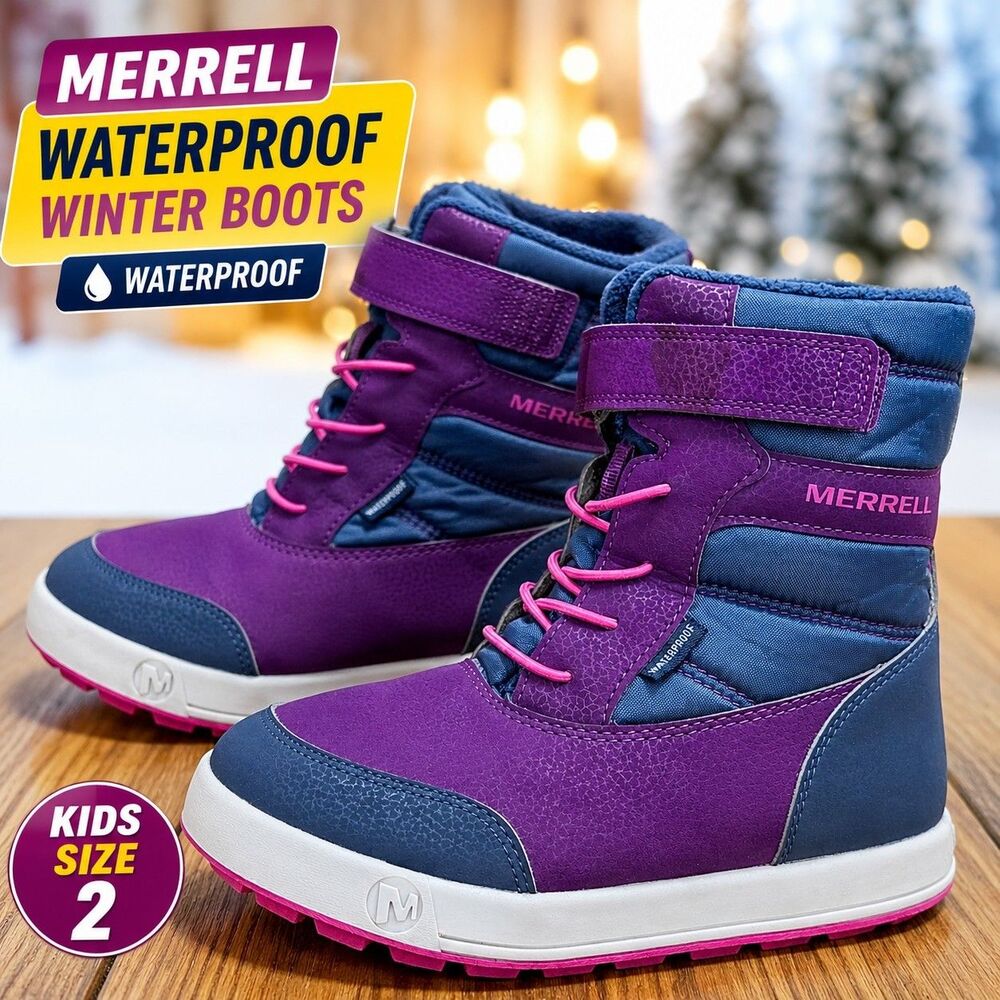 Merrell Kids Waterproof Winter Snow Boots Girls Size 2 Purple Navy Pink EU 33.5